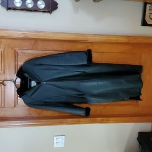 Leather Coat! Full Length, Faux Fur Lined, Hooded Black